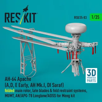   ResKit AH-64 Apache (A,D, E Early, AH Mk.I, DI Saraf) folded main rotor, late blades & fold restraint systems, MUMT, AN/APG-78 Longbow/ADSS for Meng kit (3D Printed)