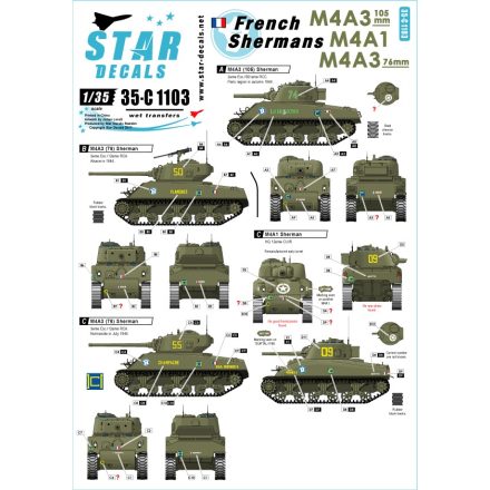 Star Decals French Shermans # 2. M4A3, M4A3 105mm, M4A3 76mm. 501e RCC, 12eme CUIR, 12eme RCA.