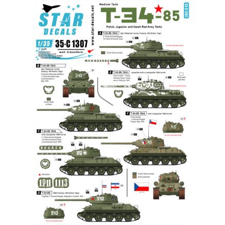 Star Decals T-34-85 Medium Tank. Polish, Jugoslav and Czech Red Army tanks matrica