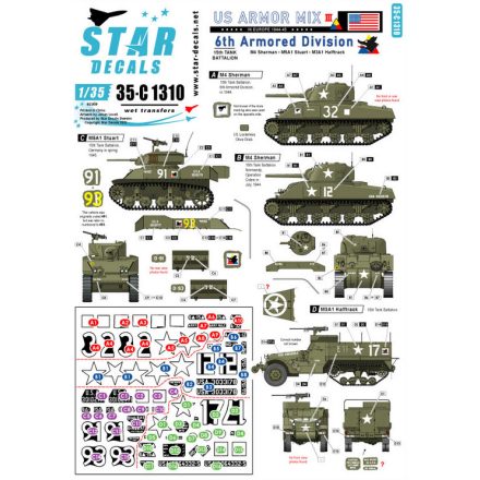 Star Decals US Armored Mix 3. 6th Armored Division in Europe. M4 Sherman, M5A1 Stuart and M3A1 Halftrack matrica