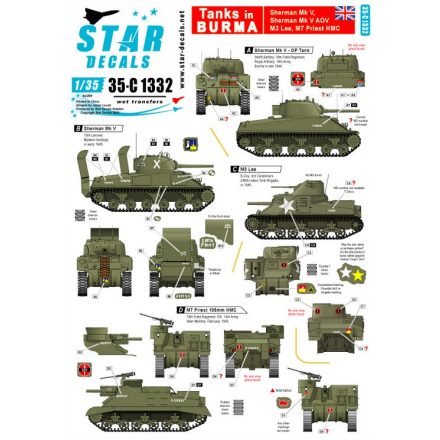 Star Decals Tanks in Burma. British Sherman Mk V, Sherman Mk V AOP, M3 Lee, M7 Priest HMC matrica