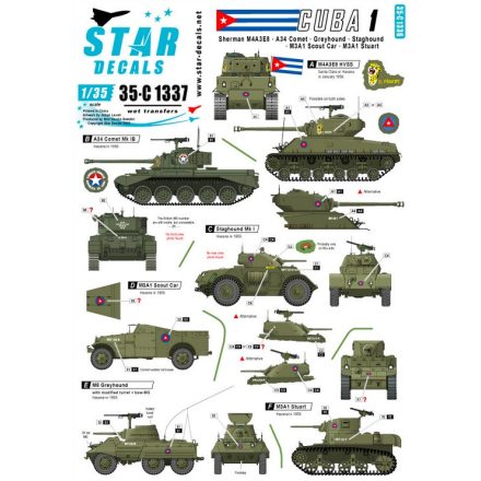 Star Decals Tanks & AFVs in Cuba # 1. M4A3E8 Sherman, Comet, Staghound, Greyhound, M3A1 SC, M3A1 Stuart matrica