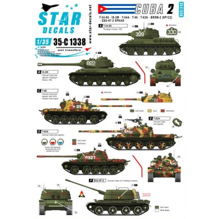 Star Decals Tanks & AFVs in Cuba # 2. T-34-85, IS-2M, T-54A, T-55, T-62A, ZSU-57-2, BRDM-2 (9P122) matrica