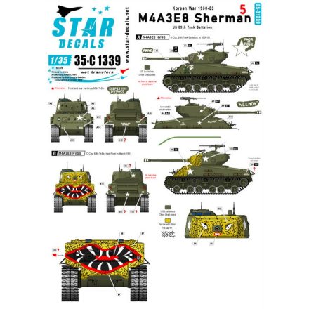 Star Decals Korean War - M4A3E8 Sherman # 5. 89th Tk Bn Easy Eight Shermans in Korea. Tiger face matrica