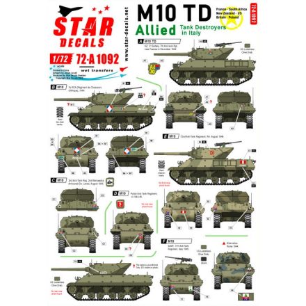 Star Decals Allied Tank Destroyers in Italy. M10 TD. France, South Africa, New Zealand, US, Britain, Poland matrica