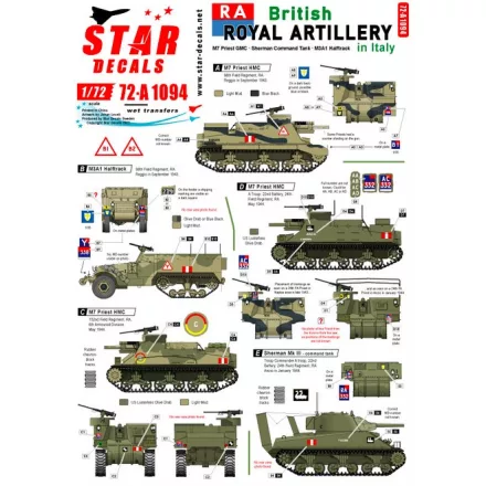 Star Decals British Royal Artillery in Italy. M7 Priest HMC, Sherman Command Tank, M3A1 Halftrack matrica