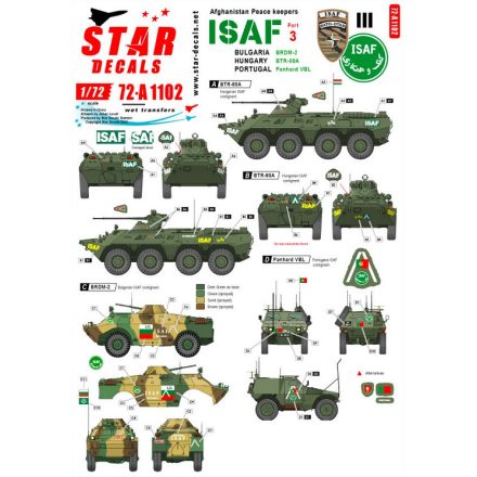 Star Decals ISAF-Afghanistan # 3. Peacekeepers from Bulgaria, Hungary, Portugal. BRDM-2, BTR-80A, Panhard VBL matrica