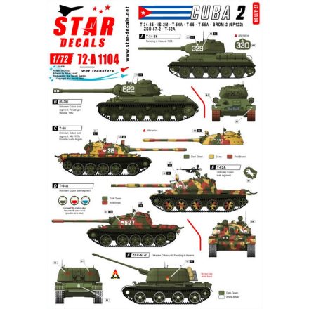 Star Decals Tanks & AFVs in Cuba # 2. T-34/85, IS-2M, T-54A, T-55, T-55A, T-62A, ZSU-57-2, BRDM-2 (9P122) matrica