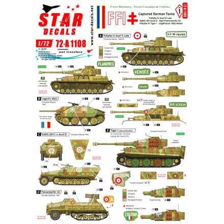 Star Decals FFI # 1. Captured German Tanks. PzKpfw IV H Late , SdKfz 251 D, Panzerwerfer 42, Tiger I , JgPz38(t) Hetzer matrica