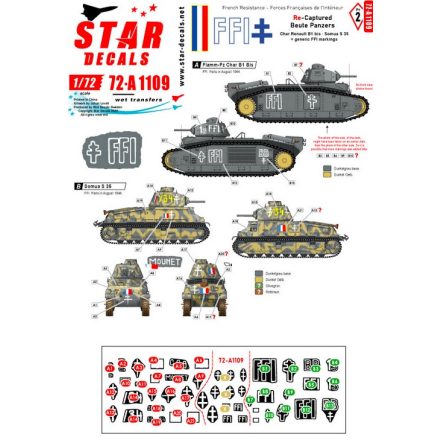 Star Decals FFI # 2. Re-captured Beute Panzers. Char Renault B1 bis, Somua S 35 + generic FFI markings matrica