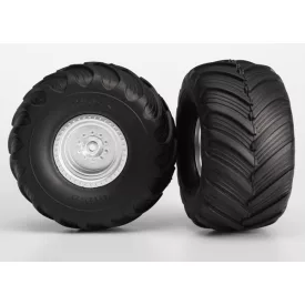   Traxxas  Tires & wheels, assembled, glued (satin chrome wheels, Terra Groove dual profile tires, foam inserts) (2WD electric rear) (2)