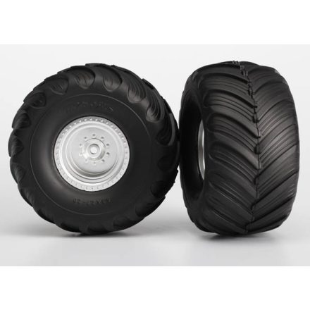 Traxxas  Tires & wheels, assembled, glued (satin chrome wheels, Terra Groove dual profile tires, foam inserts) (2WD electric rear) (2)