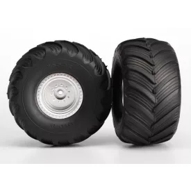   Traxxas Tires & wheels, assembled, glued (satin chrome wheels, Terra Groove dual profile tires, foam inserts) (nitro rear/ electric front) (2)