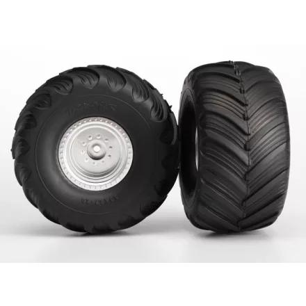Traxxas Tires & wheels, assembled, glued (satin chrome wheels, Terra Groove dual profile tires, foam inserts) (nitro rear/ electric front) (2)