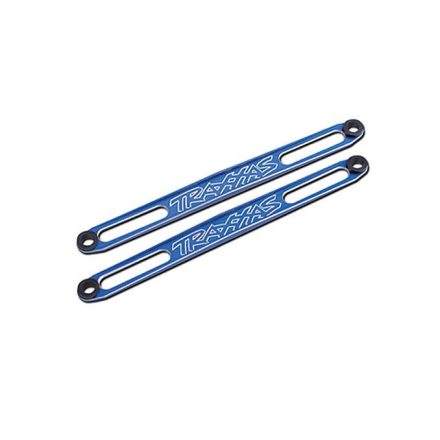 Traxxas Hold downs, battery (blue-anodized) (2)/ adhesive foam battery pads/ shoulder screws (2)/battery hold-down posts (4)/ clips (4)