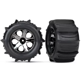   Traxxas Tires & wheels, assembled, glued (2.8") (All-Star black chrome wheels, paddle tires, foam inserts) (nitro rear/ 4WD electric front/rear) (2) (TSM rated)