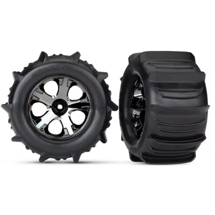 Traxxas Tires & wheels, assembled, glued (2.8") (All-Star black chrome wheels, paddle tires, foam inserts) (nitro rear/ 4WD electric front/rear) (2) (TSM rated)