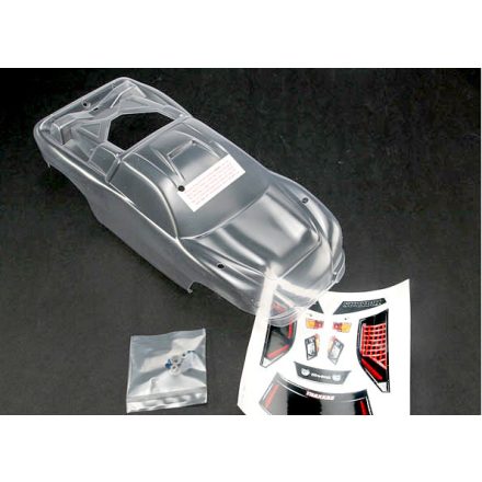 Traxxas Body, Nitro Rustler® (clear, requires painting)/window, grille, lights decal sheet/ wing and aluminum hardware