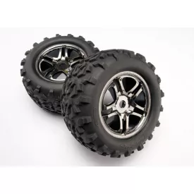   Traxxas  Tires & wheels, assembled, glued (SS (Split Spoke) black chrome wheels, Maxx® tires (6.3" outer diameter), foam inserts) (2) (fits Maxx®/Revo® series) (TSM rated)