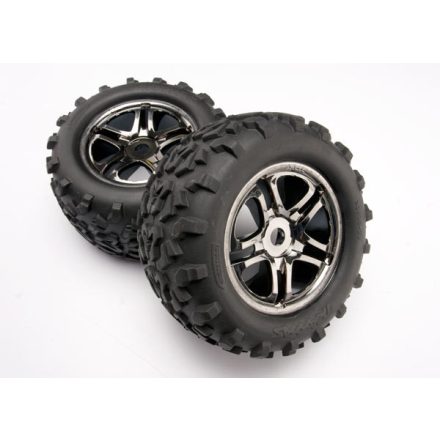 Traxxas  Tires & wheels, assembled, glued (SS (Split Spoke) black chrome wheels, Maxx® tires (6.3" outer diameter), foam inserts) (2) (fits Maxx®/Revo® series) (TSM rated)