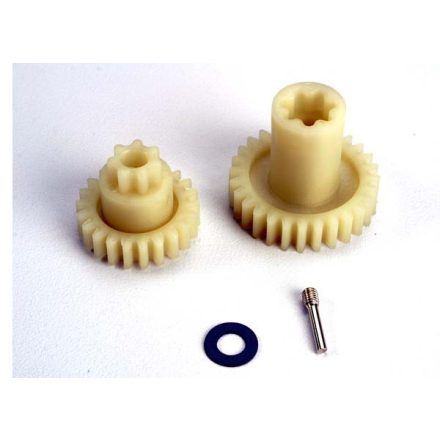 Traxxas Primary gears: forward (28-T)/ reverse (22-T)/ set screw yoke pin, M3/12 (1)/ 5x10x0.5mm PTFE-coated washer (1)