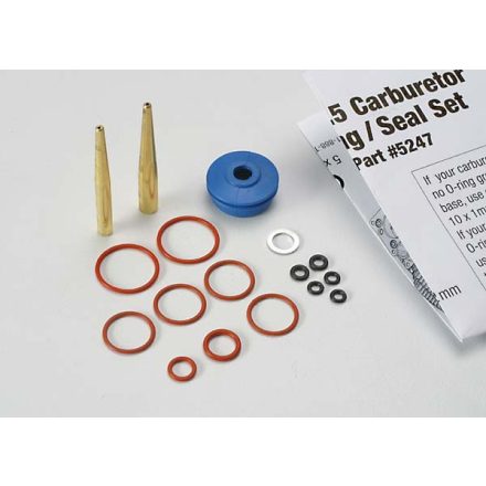 Traxxas O-ring and seal set, carburetor/ O-rings: 2x1mm (3), 10x1mm (4), 2.5x1.15mm (2), 6.2x1.2mm (1)/ 5x.9mm O-ring installation tool/ 5.3x7.8x.6mm crush washer (2)/ carburetor dust boot (1) (TRX2.5