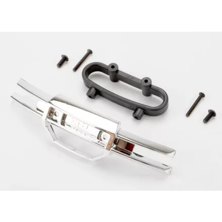 Traxxas Bumper, front (chrome)/ bumper mount, front/ 4x10mm BCS (2)/ 3x25mm BCS (2)