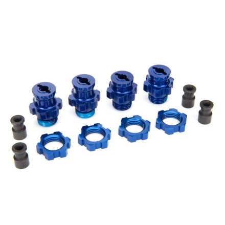 Traxxas Wheel hubs, splined, 17mm, short (2), long (2)/wheel nuts, splined, 17mm (4) (blue-anodized)/ hub retainer M4x0.7 (4)/axle pin (4)/wrench, 5mm