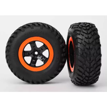 Traxxas  Tires & wheels, assembled, glued (SCT black, orange beadlock wheels, dual profile (2.2" outer, 3.0" inner), SCT off-road racing tire, foam inserts) (2) (4WD f/r, 2WD rear) (TSM rated)