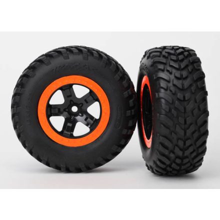 Traxxas  Tires & wheels, assembled, glued (S1 compound) (SCT, black, orange beadlock wheels, dual profile (2.2" outer, 3.0" inner), SCT off-road racing tires, foam inserts) (2) (4WD f/r, 2WD rear) (TS