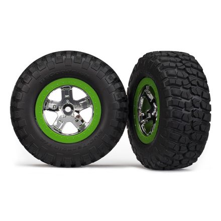 Traxxas Tires & wheels, assembled, glued (SCT, chrome, green beadlock wheel, BFGoodrich® Mud-Terrain™ T/A® KM2 tire, foam inserts) (2) (2WD front only)