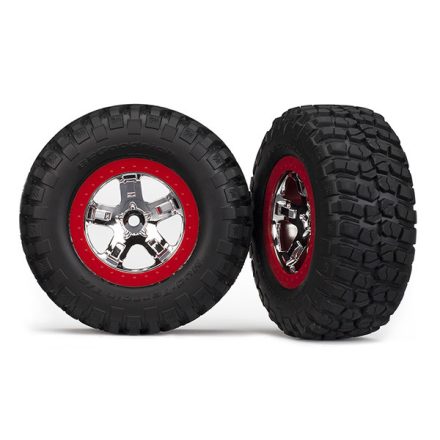 Traxxas Tires & wheels, assembled, glued (SCT chrome, red beadlock style wheels, BFGoodrich® Mud-Terrain™ T/A® KM2 tires, foam inserts) (2)(4WD front/rear, 2WD rear only)