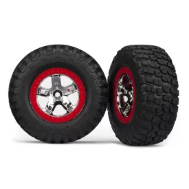   Traxxas  Tires & wheels, assembled, glued (SCT chrome, red beadlock style wheels, BFGoodrich® Mud-Terrain™ T/A® KM2 tires, foam inserts) (2) (2WD front)