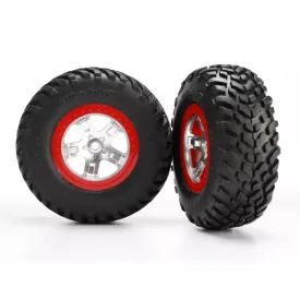   Traxxas Tires & wheels, assembled, glued (SCT satin chrome red beadlock wheels, ultra-soft S1 compound off-road racing tires, inserts) (2) (2WD rear, 4WD f/r)