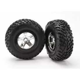   Traxxas  Tires & wheels, assembled, glued (SCT satin chrome, black beadlock style wheels, SCT off-road racing tires, foam inserts) (2) (4WD front/rear, 2WD rear only)