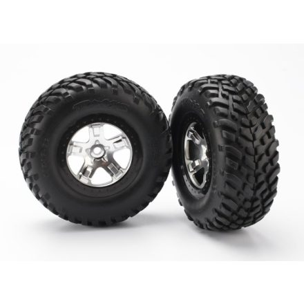 Traxxas  Tires & wheels, assembled, glued (SCT satin chrome, black beadlock style wheels, SCT off-road racing tires, foam inserts) (2) (4WD front/rear, 2WD rear only)