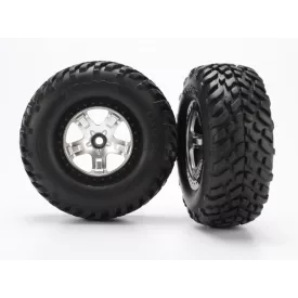   Traxxas Tires & wheels, assembled, glued (SCT satin chrome, black beadlock style wheels, SCT off-road racing tires, foam inserts) (2) (2WD front)