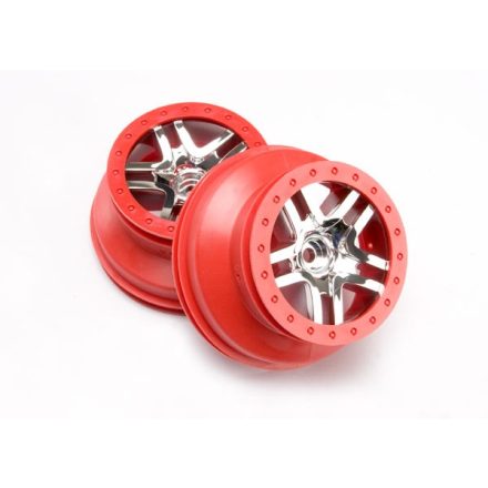Traxxas  Wheels, SCT Split-Spoke, chrome, red beadlock style, dual profile (2.2" outer, 3.0" inner) (2WD front) (2)