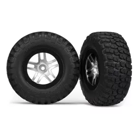   Traxxas Tires & wheels, assembled, glued (SCT Split-Spoke, satin chrome, black beadlock wheels, BFGoodrich® Mud-Terrain™ T/A® KM2 tires, foam inserts) (2) (2WD front)