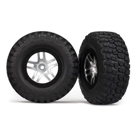 Traxxas Tires & wheels, assembled, glued (SCT Split-Spoke, satin chrome, black beadlock wheels, BFGoodrich® Mud-Terrain™ T/A® KM2 tires, foam inserts) (2) (2WD front)