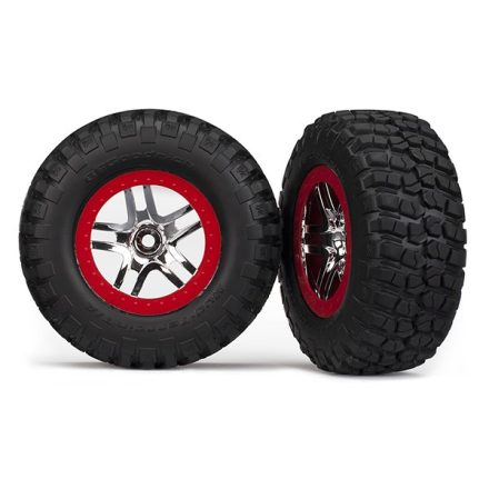 Traxxas  Tires & wheels, assembled, glued (SCT Split-Spoke, chrome red beadlock style wheels, BFGoodrich® Mud-Terrain™ T/A® KM2 tires, foam inserts) (2) (2WD front)