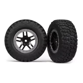   Traxxas  Tires & wheels, assembled, glued (SCT Split-Spoke, black, satin chrome beadlock wheels, BFGoodrich® Mud-Terrain™ T/A® KM2 tire, foam inserts) (2) (4WD f/r, 2WD rear)
