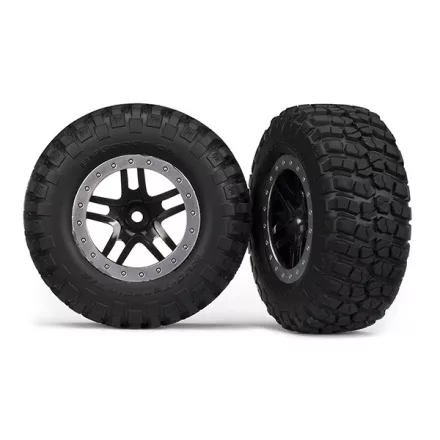 Traxxas  Tires & wheels, assembled, glued (SCT Split-Spoke, black, satin chrome beadlock wheels, BFGoodrich® Mud-Terrain™ T/A® KM2 tire, foam inserts) (2) (4WD f/r, 2WD rear)