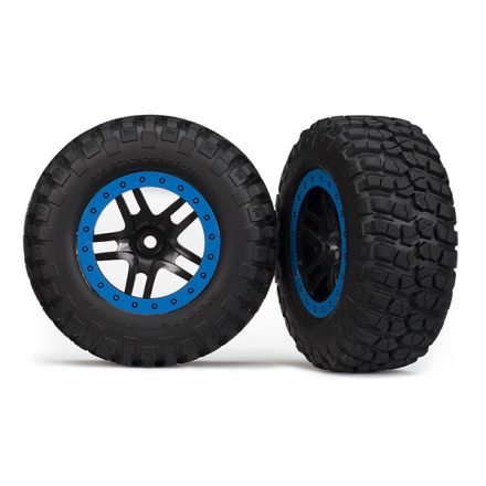 Traxxas Tire & wheel assy, glued (SCT Split-Spoke, black, blue beadlock wheels, BFGoodrich® Mud-Terrain™ T/A® KM2 tire, inserts) (2) (4WD f/r, 2WD rear)