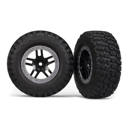 Traxxas Tires & wheels, assembled, glued (SCT Split-Spoke, black, satin chrome beadlock wheels, BFGoodrich® Mud-Terrain™ T/A® KM2 tires, foam inserts) (2) (2WD Front)