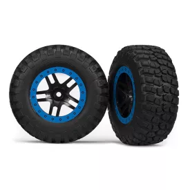   Traxxas Tire & wheel assy, glued (SCT Split-Spoke, black, blue beadlock wheels, BFGoodrich® Mud-Terrain™ T/A® KM2 tires, inserts) (2) (2WD Front)
