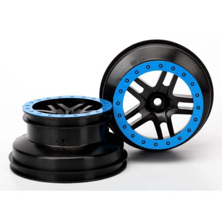 Traxxas Wheels, SCT Split-Spoke, black, blue beadlock style, dual profile (2.2" outer, 3.0" inner) (2WD front) (2)