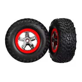   Traxxas  Tires & wheels, assembled, glued (SCT chrome wheels, red beadlock style, dual profile (2.2" outer, 3.0" inner), SCT off-road racing tires, foam inserts) (2) (4WD f/r, 2WD rear) (TSM rated)