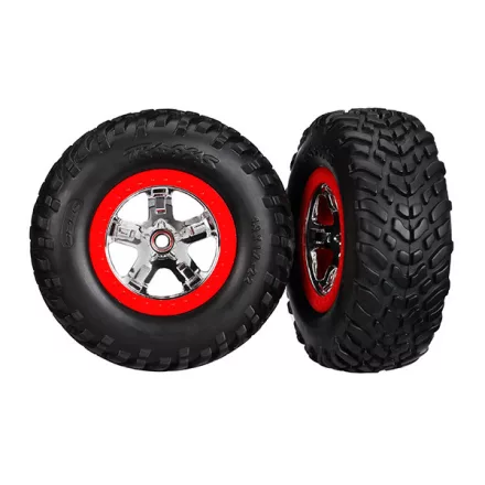 Traxxas  Tires & wheels, assembled, glued (SCT chrome wheels, red beadlock style, dual profile (2.2" outer, 3.0" inner), SCT off-road racing tires, foam inserts) (2) (4WD f/r, 2WD rear) (TSM rated)