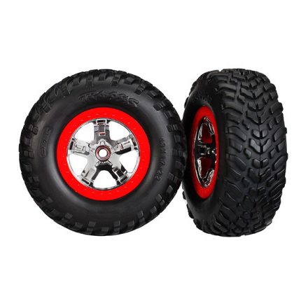 Traxxas Tires & wheels, assembled, glued (S1 compound) (SCT chrome wheels, red beadlock style, dual profile (2.2" outer, 3.0" inner), SCT off-road racing tires, foam inserts) (2) (4WD f/r, 2WD rear)